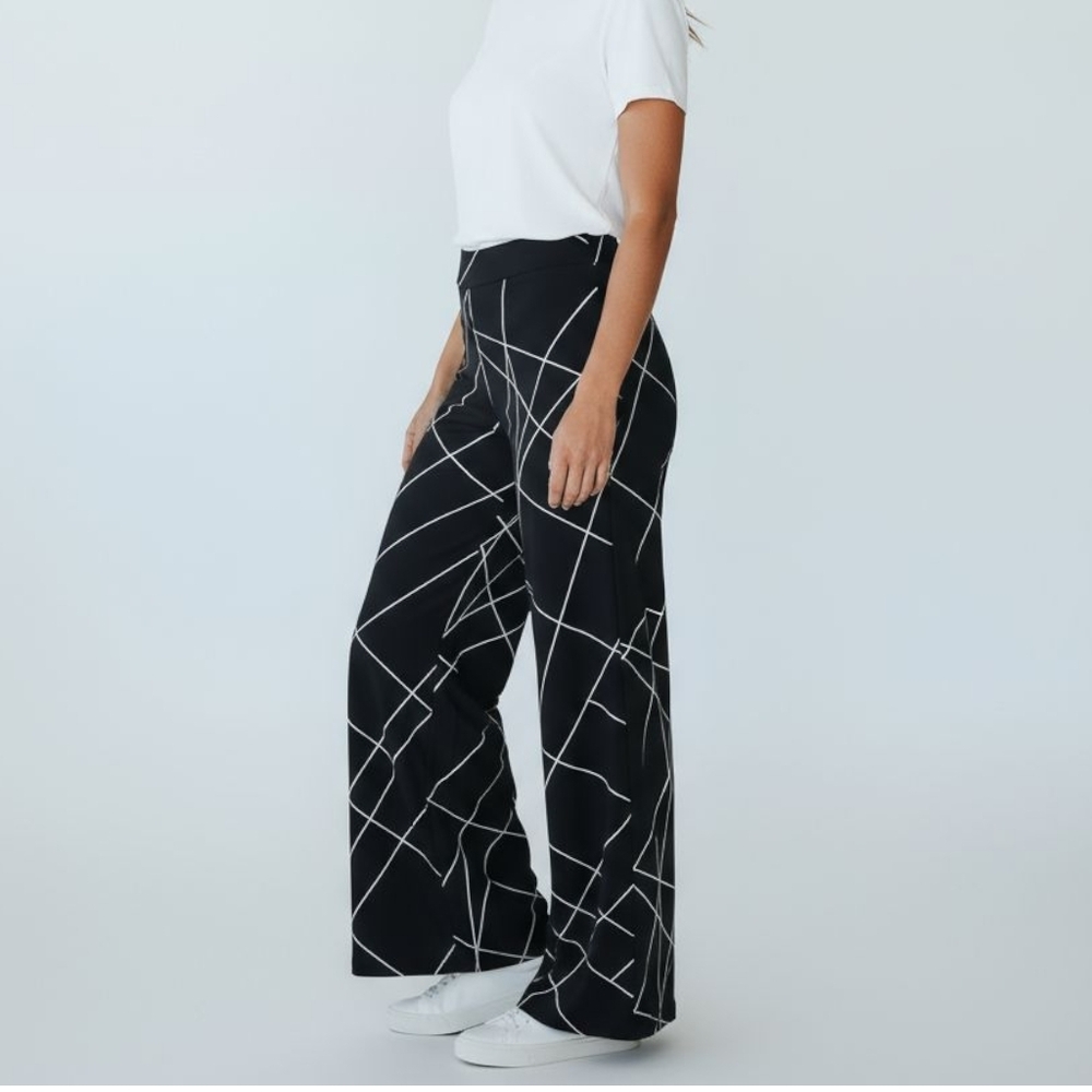 Alfani Wide-Leg Pull On Dress Pants Trouser Black White Geo Stripe Med Abstract